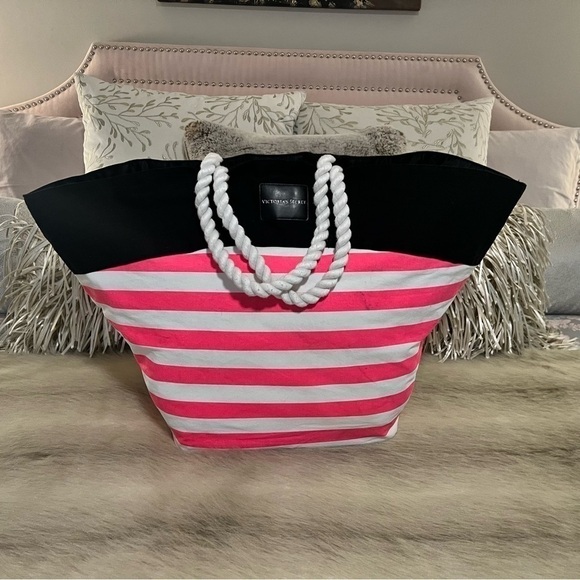 Victoria's Secret Handbags - VICTORIA’S SECRET Beach Bag LARGE 2 Rope Handles Canvas Tote Black Pink Striped